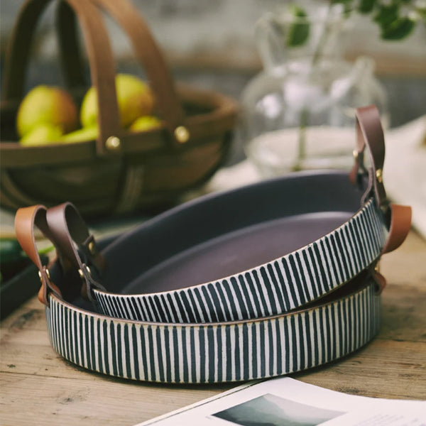 Kinglang Exclusive Handmade Ceramic Bowl with Cow Leather Handle Stripe Round Sallow Salad Plate