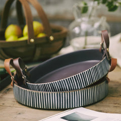 Kinglang Exclusive Handmade Ceramic Bowl with Cow Leather Handle Stripe Round Sallow Salad Plate