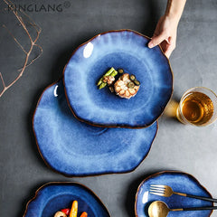 KINGLANG Japanese Style Ceramic Pottery Irregular Dish Plate Ceramic Dinnerware Wholesale Big Flat Plates