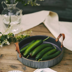 Kinglang Exclusive Handmade Ceramic Bowl with Cow Leather Handle Stripe Round Sallow Salad Plate