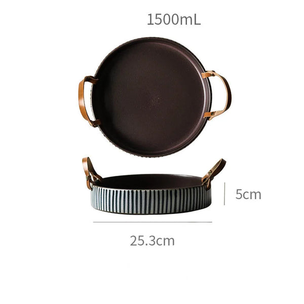 Kinglang Exclusive Handmade Ceramic Bowl with Cow Leather Handle Stripe Round Sallow Salad Plate