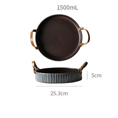Kinglang Exclusive Handmade Ceramic Bowl with Cow Leather Handle Stripe Round Sallow Salad Plate