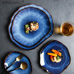 KINGLANG Japanese Style Ceramic Pottery Irregular Dish Plate Ceramic Dinnerware Wholesale Big Flat Plates
