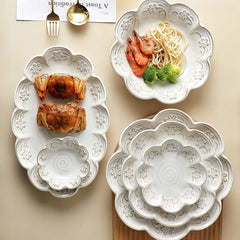 Ceramic Embossed Tableware Household Flower Shape Flavor Dish Rice Bowl Dinner Plate Fish Disc Breakfast Milk Oatmeal Cups