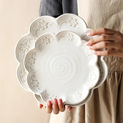 Ceramic Embossed Tableware Household Flower Shape Flavor Dish Rice Bowl Dinner Plate Fish Disc Breakfast Milk Oatmeal Cups