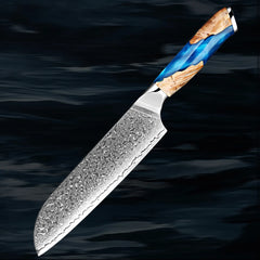 Damascus Steel Chef Santoku Knife 7 Inch Japan VG-10 67 Layer Kitchen Slicing Knife, Asian Sharp Chef's Knife for Meat Vegetable