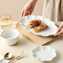 Ceramic Embossed Tableware Household Flower Shape Flavor Dish Rice Bowl Dinner Plate Fish Disc Breakfast Milk Oatmeal Cups