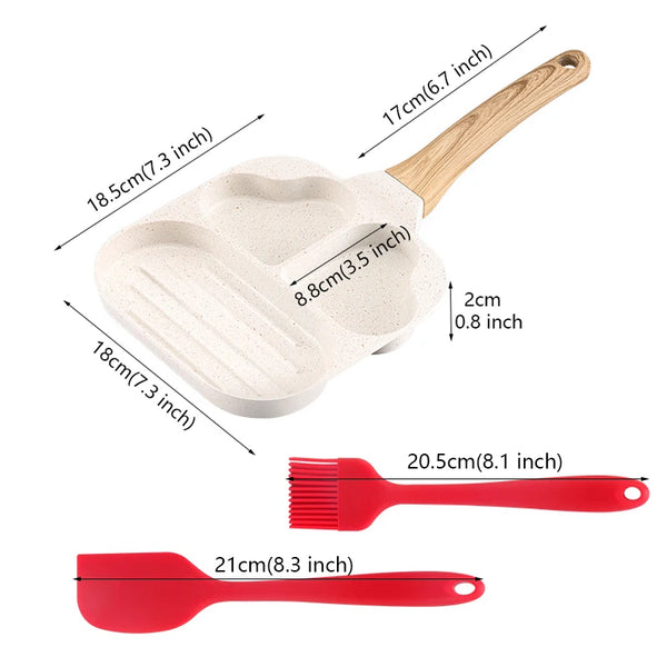 3PCS Love Heart Design Egg Frying Pan with Brush Spatula Non Stick Medical Stone Skillet for Pancake Pie Waffle Omelette Pot