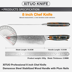 Damascus VG-10 Japanese Steel Chef Knife 8 Inch Professional Chef's Knife Full Tang Handle Ultra Sharp Kitchen Cooking Knife