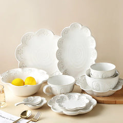 Ceramic Embossed Tableware Household Flower Shape Flavor Dish Rice Bowl Dinner Plate Fish Disc Breakfast Milk Oatmeal Cups