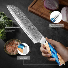Damascus Steel Chef Santoku Knife 7 Inch Japan VG-10 67 Layer Kitchen Slicing Knife, Asian Sharp Chef's Knife for Meat Vegetable